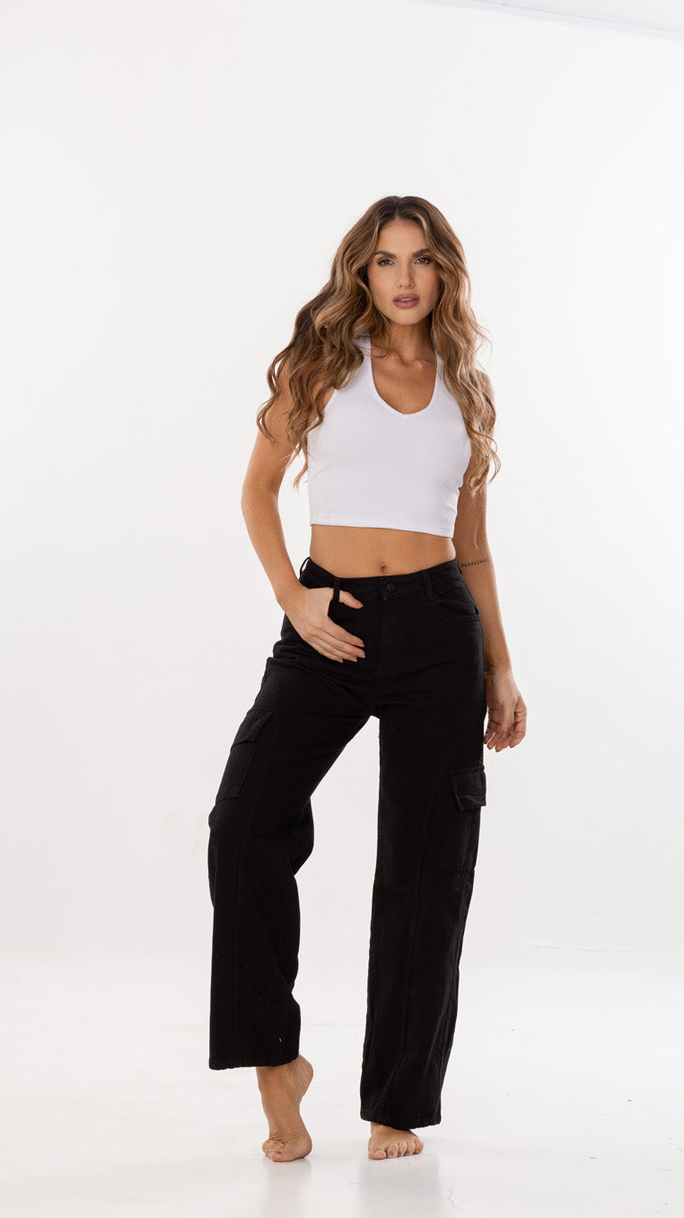 Jean Wide Leg Cargo Color Negro.