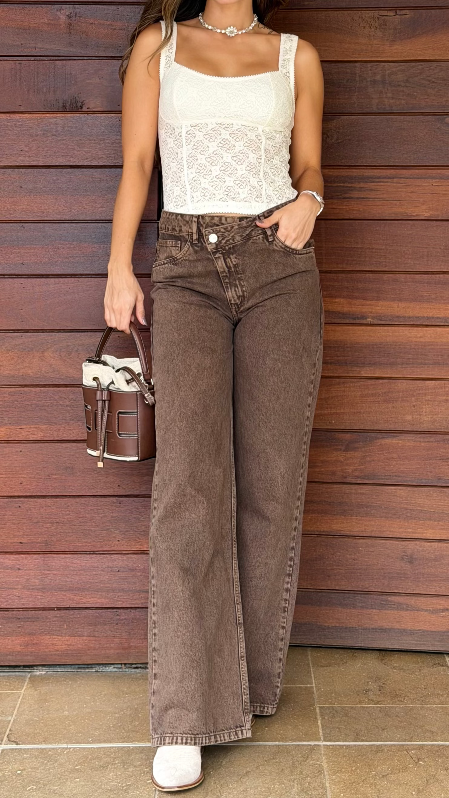 REF 107308 Jean Wide Leg Pretina Cruzada Café