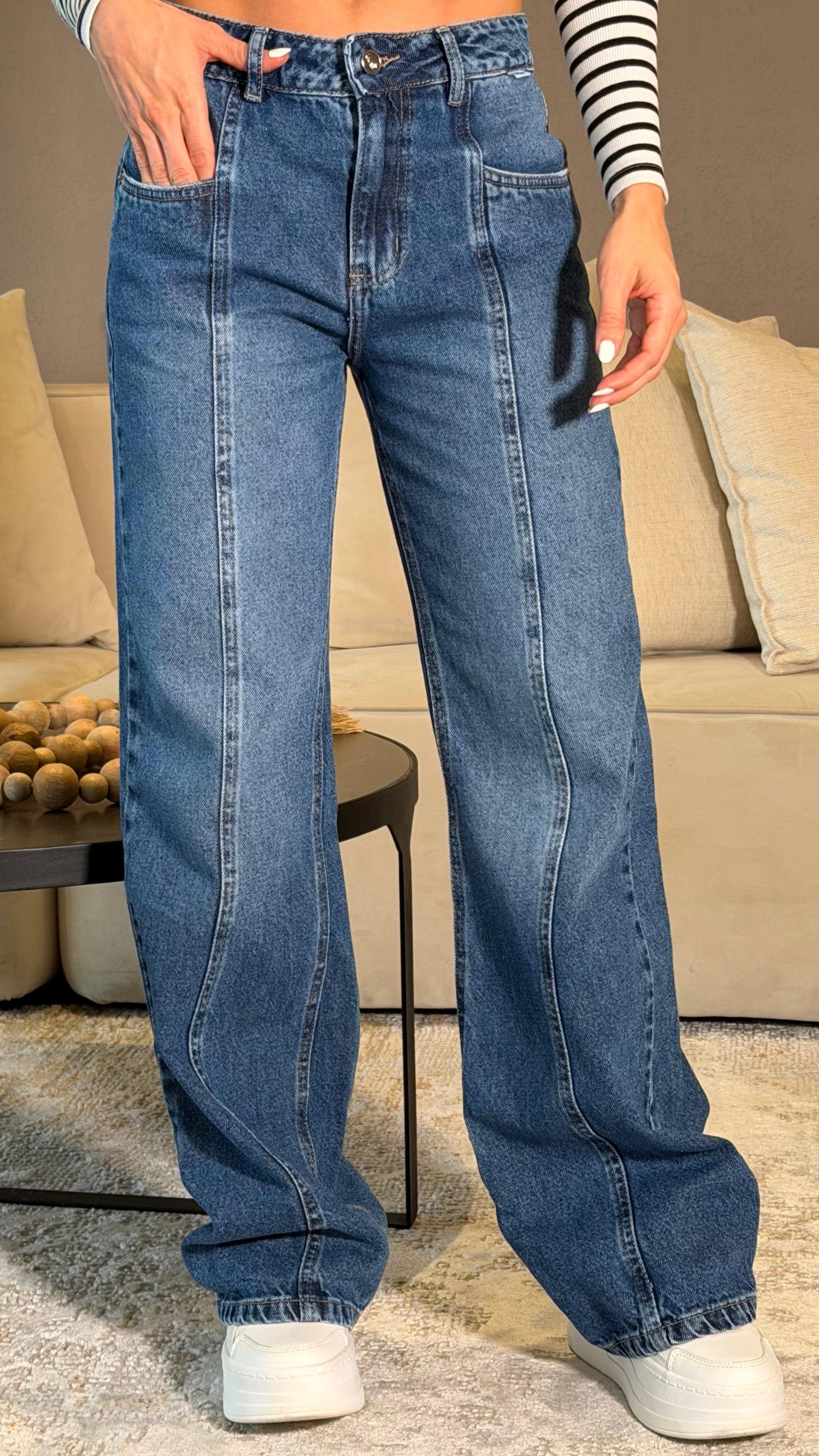 REF127277-2 Jean Wide Leg Con Cortes Delanteros Tono Oscuro