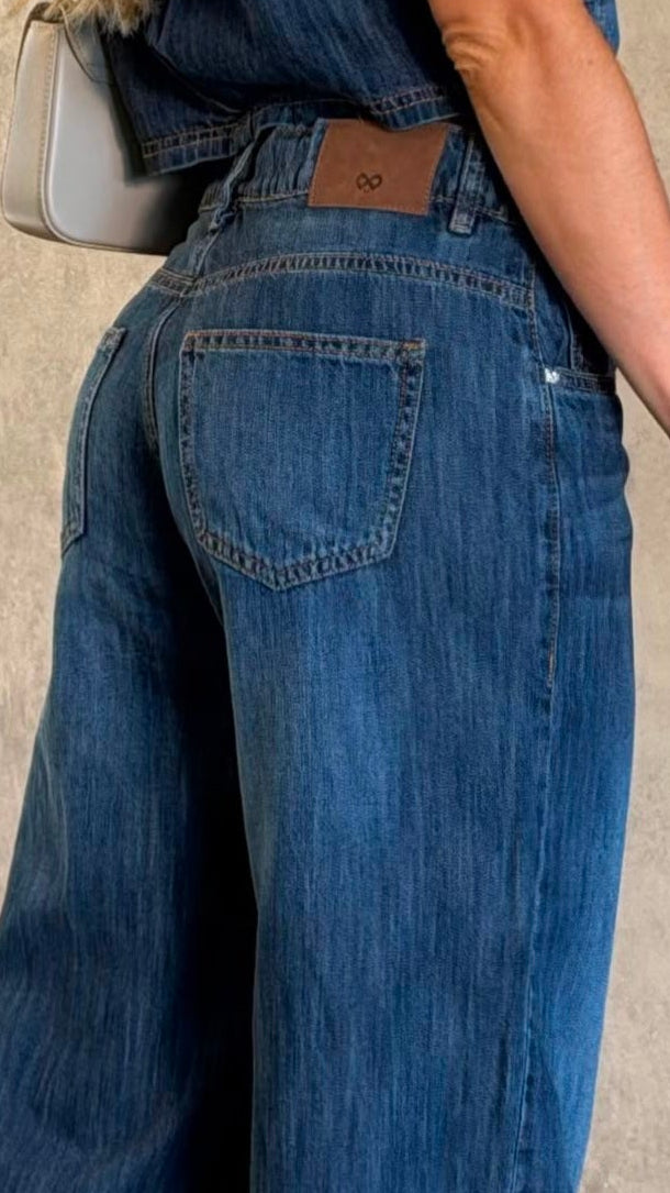 Set Wide Leg Denim y Blusa Denim Azul